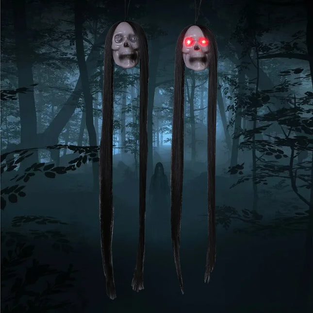 1PCS New Halloween Hanging Long Hair Ghost Skeleton LED Light-emitting Horror Skeleton Ghost Bar Haunted House Decoration Props