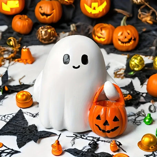 Halloween Desktop Ornament Figurine Ghost Holding Pumpkin Model Statue Tabletop Ornament for Halloween Party Home Decoration Toy