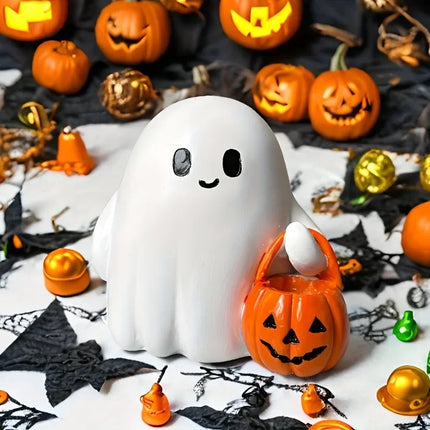 Halloween Desktop Ornament Figurine Ghost Holding Pumpkin Model Statue Tabletop Ornament for Halloween Party Home Decoration Toy