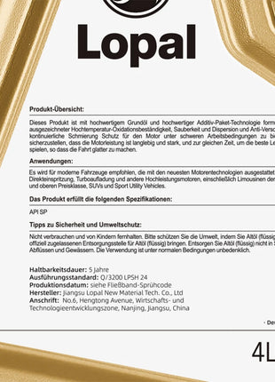 Lopal SONIC 9388,5W-40,C3 SP 4L * 4 Bottiglia Olio Motore per Auto Protezione Avanzata 16L Lubrificante Olio Motore Sintetico Completo per Auto Camion