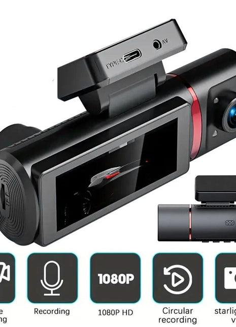3 Channel Dash Cam, Front and Rear Inside Camera, Dash Camera, 3.16” IPS Screen, Loop Recording, G-Sensor, Night Vision - Riparo82