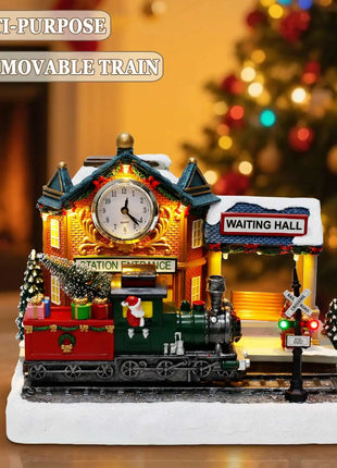 Scena animata del villaggio di Natale con treno e orologio in movimento Luci a LED Musica e stazione ferroviaria Decorazione per interni per edifici natalizi - riparo82