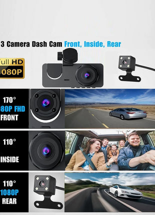 3-Channel Dash Cam Front Interior Rear 1080P Camera Recording WiFi Night Vision 170° Wide-Angle G-Sensor Loop Recording for Cars - Riparo82