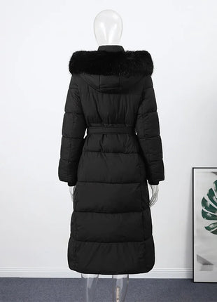 Cappotto lungo in cotone con cappuccio trapuntato imbottito da donna caldo Colletto alla coreana solido allentato Cappotti con cerniera con lacci 2025 Capispalla invernale da donna