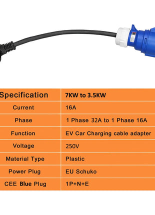 32A Blue CEE Socket to 16A EU Schuko Plug Adapter 7KW to 3.5KW Electric Vehicle Charging Adapter For EV Charger Portable - Riparo82