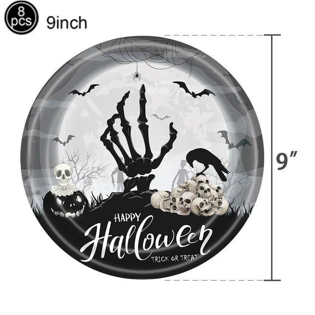 Halloween Theme Disposable Tableware Paper Plates Cups Straws Tablecloth Banner Spiral Cake Topper Happy Halloween Party Decor