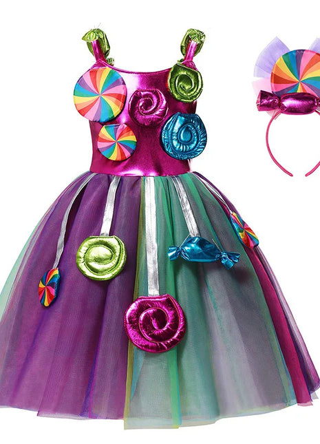 Costume da lecca-lecca arcobaleno per ragazze Abito da principessa Purim Festival Candy Vestido Fantasia Carnevale Compleanno Bambini Fantasia Ali Outfit