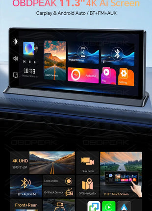 11.3" Dash Cam 4K Car Mirror Wireless Carplay Android Auto Multimedia Player GPS WiFi Universal Black Box Rearview Camera AUX BT - Riparo82