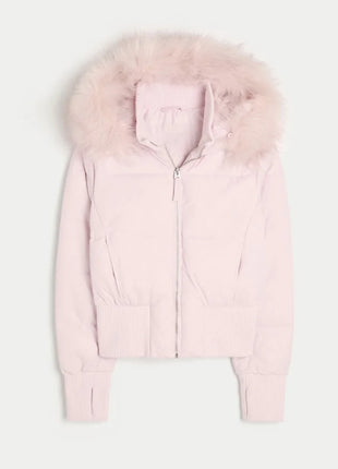 Giacca corta chic con tasca con cerniera a maniche lunghe Cappotto trapuntato con cappuccio in pelliccia sintetica da donna di moda 2025 Capispalla imbottito invernale New Lady