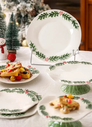 Piatto da pranzo in ceramica in rilievo Piatti da dessert per torte in stile natalizio per la casa Stoviglie da cucina di alta qualità Vassoio da frutta per festival - riparo82