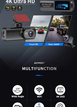 Dash Cam 4K+1080P Dual Lens WIFI GPS Car DVR Camera Video Drive Recorder Dashcam Dual Lens Black Box Front and Rear Night Vision - Riparo82