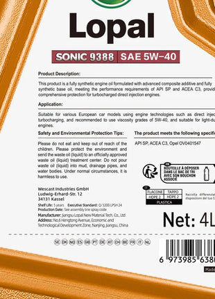 Lopal SONIC 9388 5W-40 C3 SP 4L * 4 boot Car Engine Oil 16L Lubrificante Olio motore completamente sintetico per auto, camion e veicoli