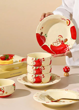 Set di stoviglie natalizie in ceramica, design simpatico cartone animato con mela, piatti da cena occidentali a tema festa, per piatti da dessert per torte, decorazioni per la casa - riparo82