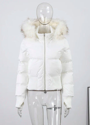 Giacca corta chic con tasca con cerniera a maniche lunghe Cappotto trapuntato con cappuccio in pelliccia sintetica da donna di moda 2025 Capispalla imbottito invernale New Lady