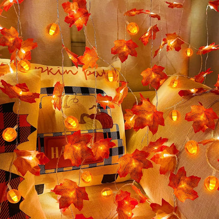 Pumpkin Maple Leaf String Lights Artificial Autumn Leaves LED Light String Fall Decor for Home Party Halloween Thanksgiving