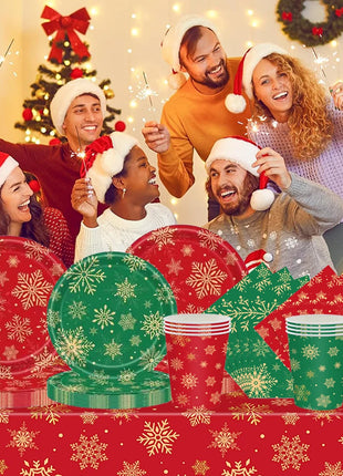 Piatti da tavola usa e getta natalizi Tovaglioli Tazze Fiocco di neve Piatto da dessert rosso verde per cena per forniture per feste invernali di buon Natale - riparo82