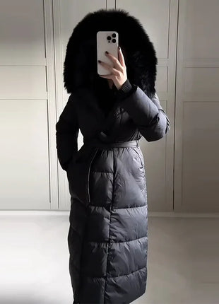 Cappotto lungo in cotone con cappuccio trapuntato imbottito da donna caldo Colletto alla coreana solido allentato Cappotti con cerniera con lacci 2025 Capispalla invernale da donna