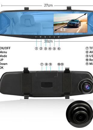 Dash Cam  4.3 Inch Car Dvr Dashcam car camera 24h Front and Rear 1080P Mirror Rear Camera Rearview Mirror Digital Video Recorder - Riparo82