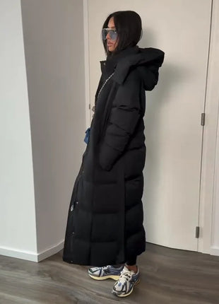 Cappotto lungo in cotone con cappuccio trapuntato imbottito da donna caldo Colletto alla coreana solido allentato Cappotti con cerniera con lacci 2025 Capispalla invernale da donna