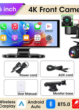 11.26 inch Dash Cam 4K Car DVR Wireless Carplay & Android Auto GPS Navigation Video Recorder Dashboard Dual Lens Dual BT FM AUX - Riparo82