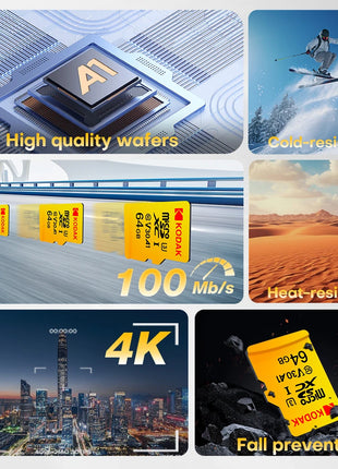 Scheda Micro SD originale al 100% Kodak Scheda di memoria da 128 GB Classe 10 Scheda Flash da 64 GB Scheda di memoria Flash da 32 GB V30 U3 per registratore di guida