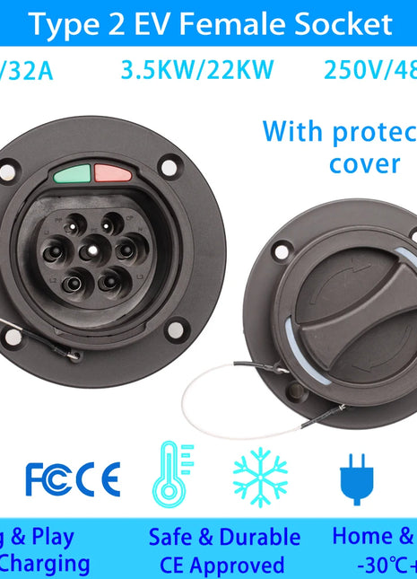 Type2 EV Socket 16A/32A 250V/480V electric vehicle Charging socket With protective cover for IEC 62196 Charger type2 Socket - Riparo82