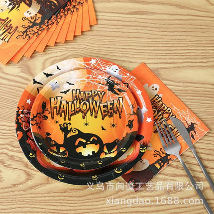 Halloween Theme Party Tableware Set Pumpkin Witch Ghost Dinnerware Paper Plates Cups Napkin Happy Halloween Party Supplies Decor