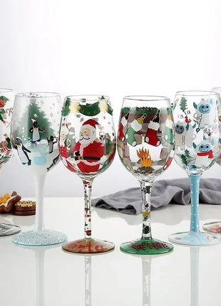 Bicchiere da vino con stampa natalizia Decorazioni natalizie Calice da vino rosso Disegno creativo a mano dipinto Home Party Festival Tazze Bar Set da vino - riparo82