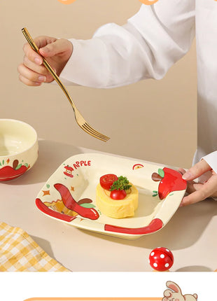 Set di stoviglie natalizie in ceramica, design simpatico cartone animato con mela, piatti da cena occidentali a tema festa, per piatti da dessert per torte, decorazioni per la casa - riparo82