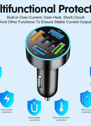 250W 5 Ports Car Charger Fast Charging PD QC3.0 USB C Car Phone Charger Adapter With Voltage For iPhone Samsung Huawei Xiaomi - Riparo82