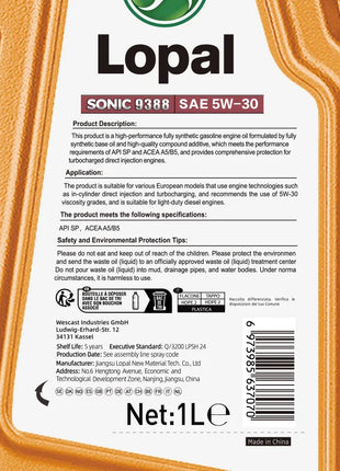Lopal SONIC 9388 5W-30 A5/B5 1L * 6 boot Olio motore per auto Protezione avanzata Lubrificante 6L Olio motore completamente sintetico per camion auto