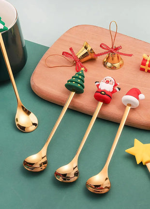 Cucchiaini da caffè e forchette per torte con decorazioni natalizie da 4 pezzi con ornamenti per bambole di Natale, set di posate in metallo dorato, forniture per feste - riparo82