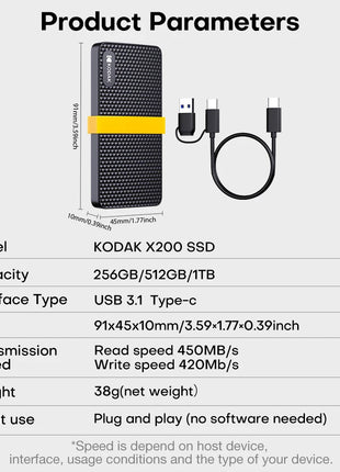 Kodak SSD 1TB X200 SSD portatile USB 3.1 Tipo C Disco rigido esterno 512GB 256GB Unità a stato solido per PS4 Laptop MacBook PC