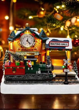 Scena animata del villaggio di Natale con treno e orologio in movimento Luci a LED Musica e stazione ferroviaria Decorazione per interni per edifici natalizi - riparo82