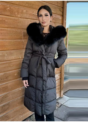 Cappotto lungo in cotone con cappuccio trapuntato imbottito da donna caldo Colletto alla coreana solido allentato Cappotti con cerniera con lacci 2025 Capispalla invernale da donna