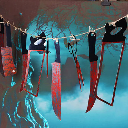 Lofytain 12pcs/lot Halloween Plastic Blood Knife Tools Sets Horror Spooky Haunted House Hanging Knife Garland Banner