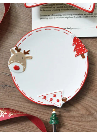 Set di stoviglie natalizie in ceramica dipinta a mano Simpatico piatto da bistecca natalizio Piatto piatto sottosmalto in rilievo - riparo82