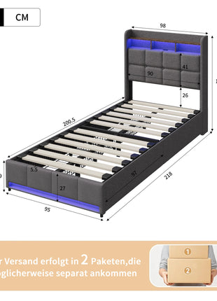 Letto singolo per bambini Superaly 90x200cm, letto imbottito con cassetti, LED e porte di ricarica, testiera con base a doghe