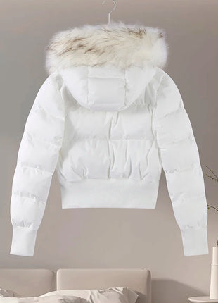 Giacca corta chic con tasca con cerniera a maniche lunghe Cappotto trapuntato con cappuccio in pelliccia sintetica da donna di moda 2025 Capispalla imbottito invernale New Lady