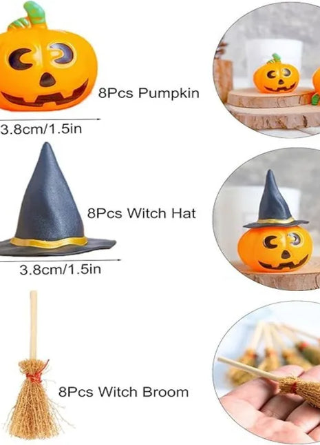 24 Pcs Halloween Mini Witch Hat & Broom Set  8 Witch Hats, 8 Brooms, 8 Pumpkin Heads - Halloween Party Favors, Decoration - Riparo82