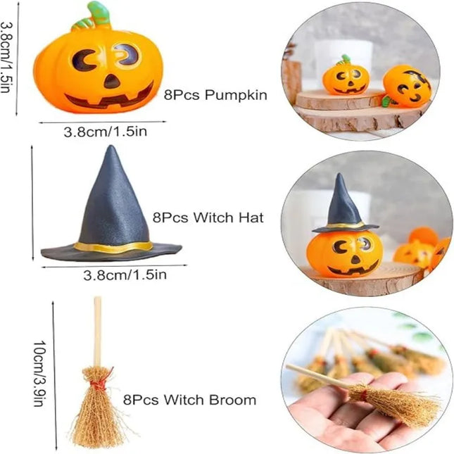 24 Pcs Halloween Mini Witch Hat & Broom Set  8 Witch Hats, 8 Brooms, 8 Pumpkin Heads - Halloween Party Favors, Decoration