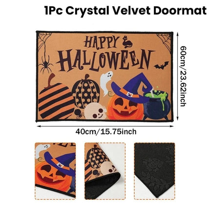 Halloween Crystal Velvet Front Doormat Non Slip Rubber Rug Farmhouse Decor Pumpkin Doormat Trick or Treat Party Supplies