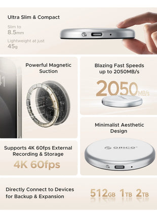 ORICO KR20Mini SSD esterno magnetico per iPhone 17 16 15 Pro/Max ProRes 2000MB/s 4K ProRes HDR Registra e negozio