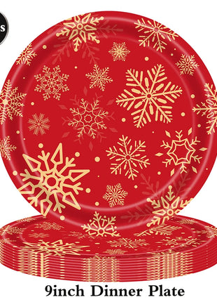 Piatti da tavola usa e getta natalizi Tovaglioli Tazze Fiocco di neve Piatto da dessert rosso verde per cena per forniture per feste invernali di buon Natale - riparo82