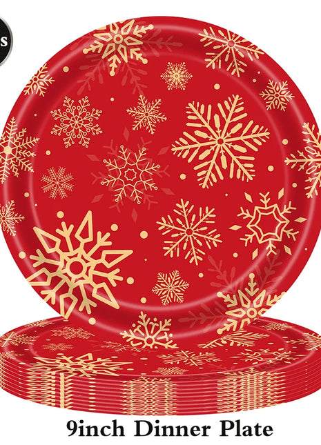 Piatti da tavola usa e getta natalizi Tovaglioli Tazze Fiocco di neve Piatto da dessert rosso verde per cena per forniture per feste invernali di buon Natale - riparo82
