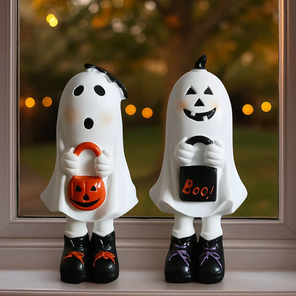 Halloween Themed Resin Ghost Figurine Handicraft Hand-painted Cartoon Standing Ghost Ornament Model Funny Doll