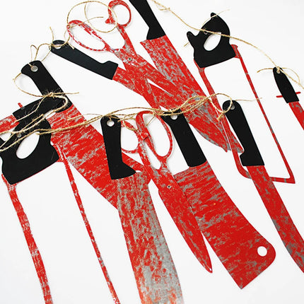 Lofytain 12pcs/lot Halloween Plastic Blood Knife Tools Sets Horror Spooky Haunted House Hanging Knife Garland Banner