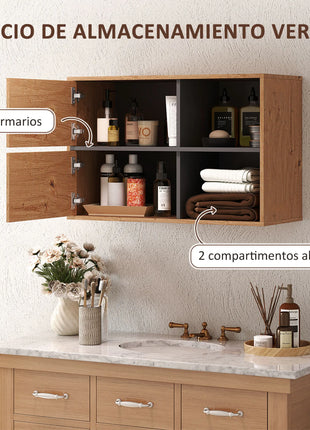 Homcom Mobile da bagno a parete con scomparti aperti e 2 ante Mobili da bagno moderni 80X35X57,5 cm Naturale