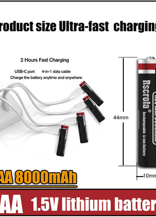 Batterie ricaricabili ad alta capacità AA12000mAh AAA 8000mAh Batterie ricaricabili AA agli ioni di litio Batteria AAA con cavo USB-C - riparo82