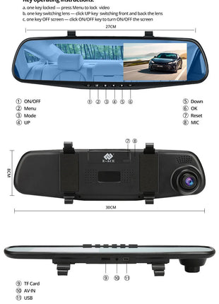 Dash Cam 4.3 inch "mini rear-view mirror digital dashcam, front and rear dual cameras IPS Front and Rear Camera Registrar Black - Riparo82